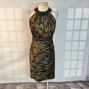 Carmen Marc Valvo Beaded Belted Ruched Silk Cocktail Green Evening Dress Size 4